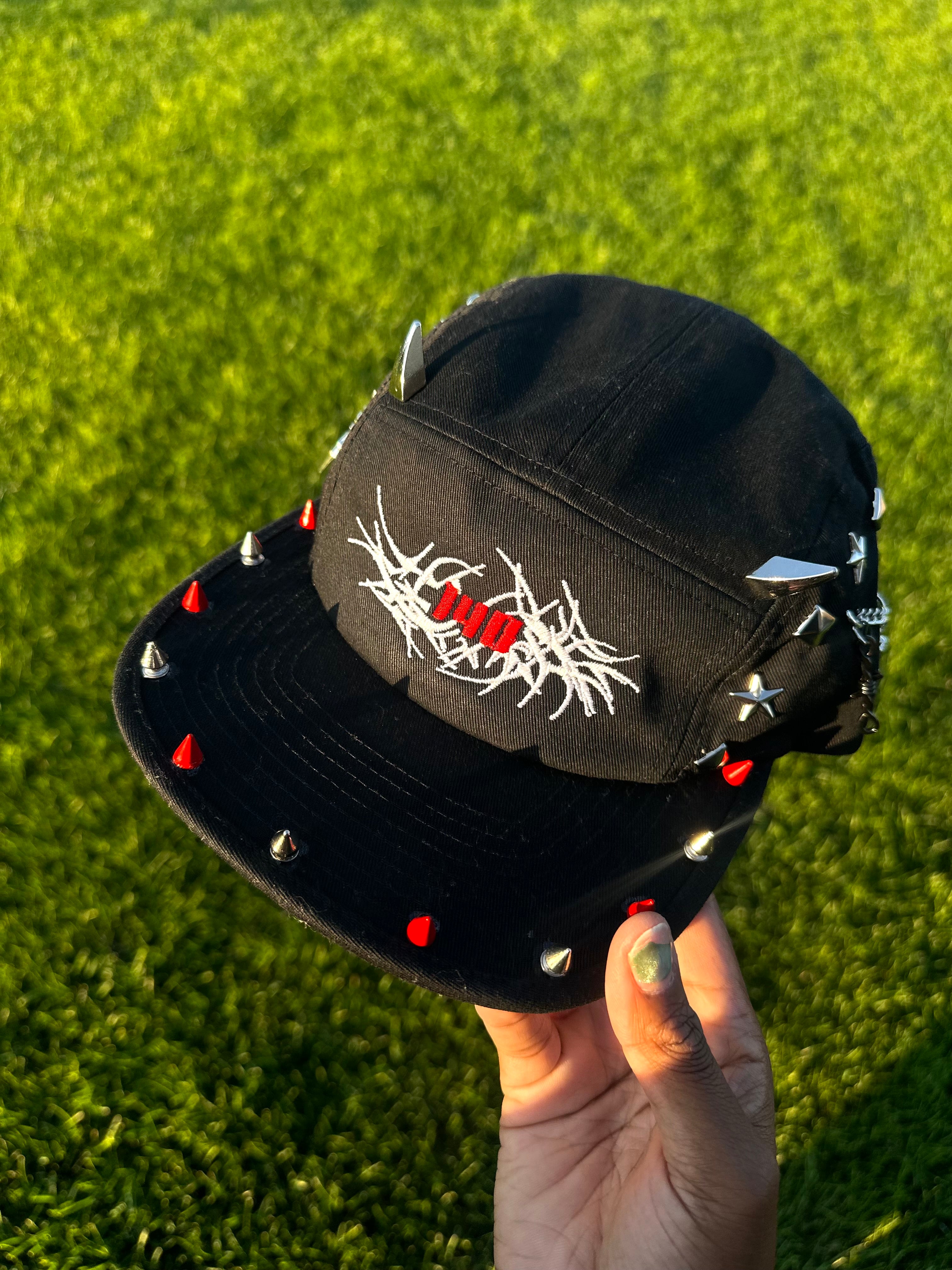 140 Red Stud 5 Panel Hat