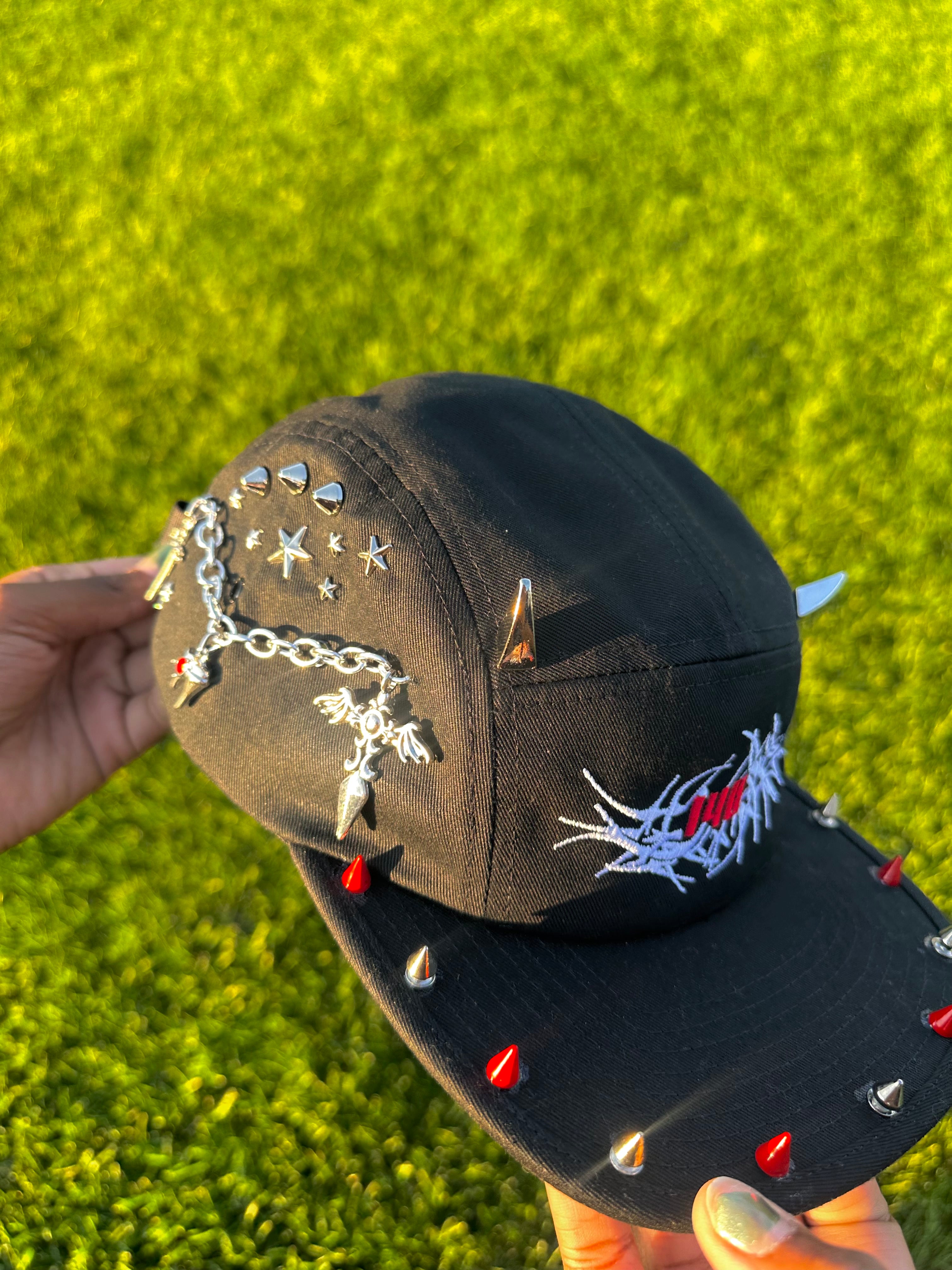 140 Red Stud 5 Panel Hat