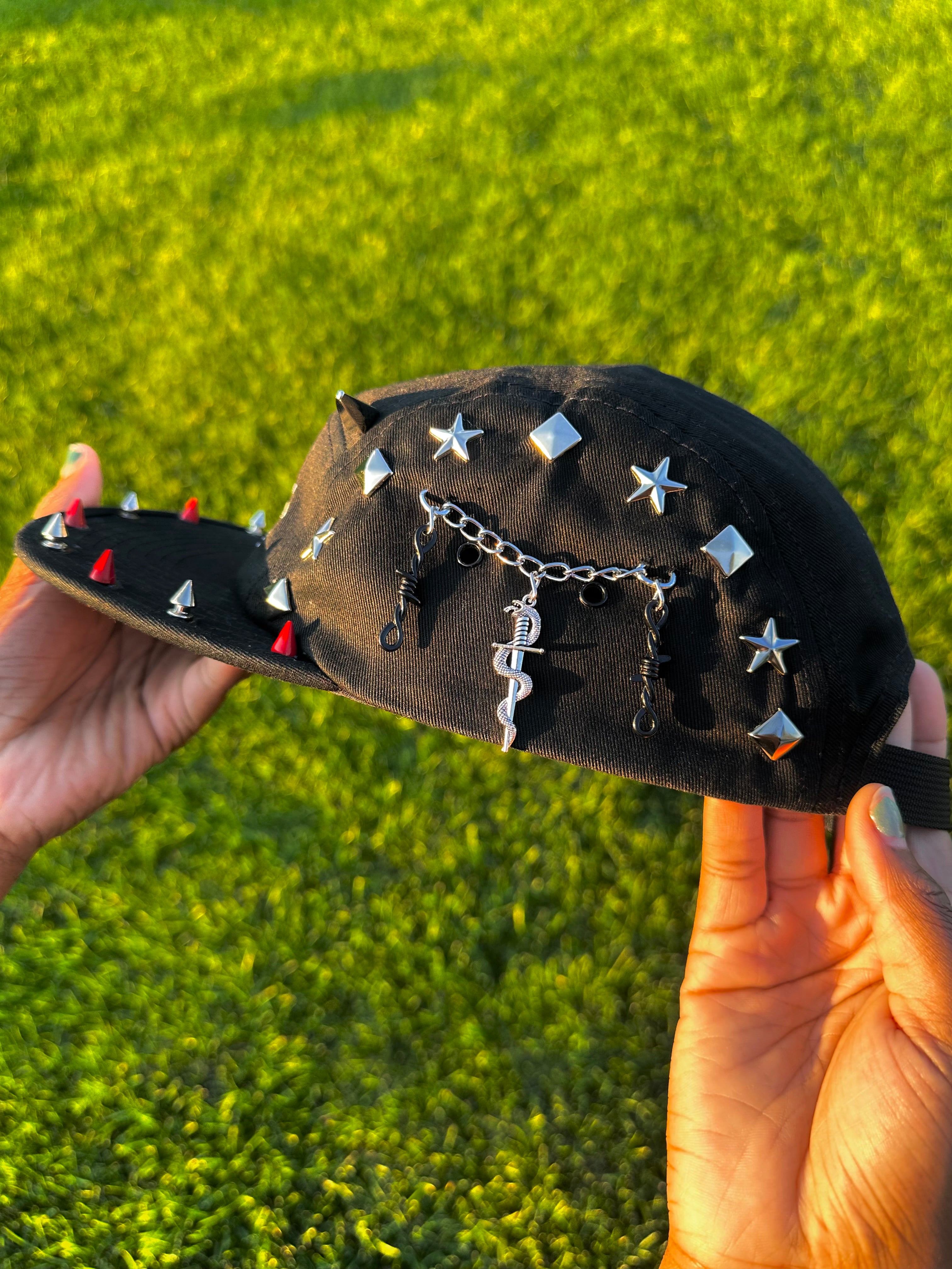 140 Red Stud 5 Panel Hat
