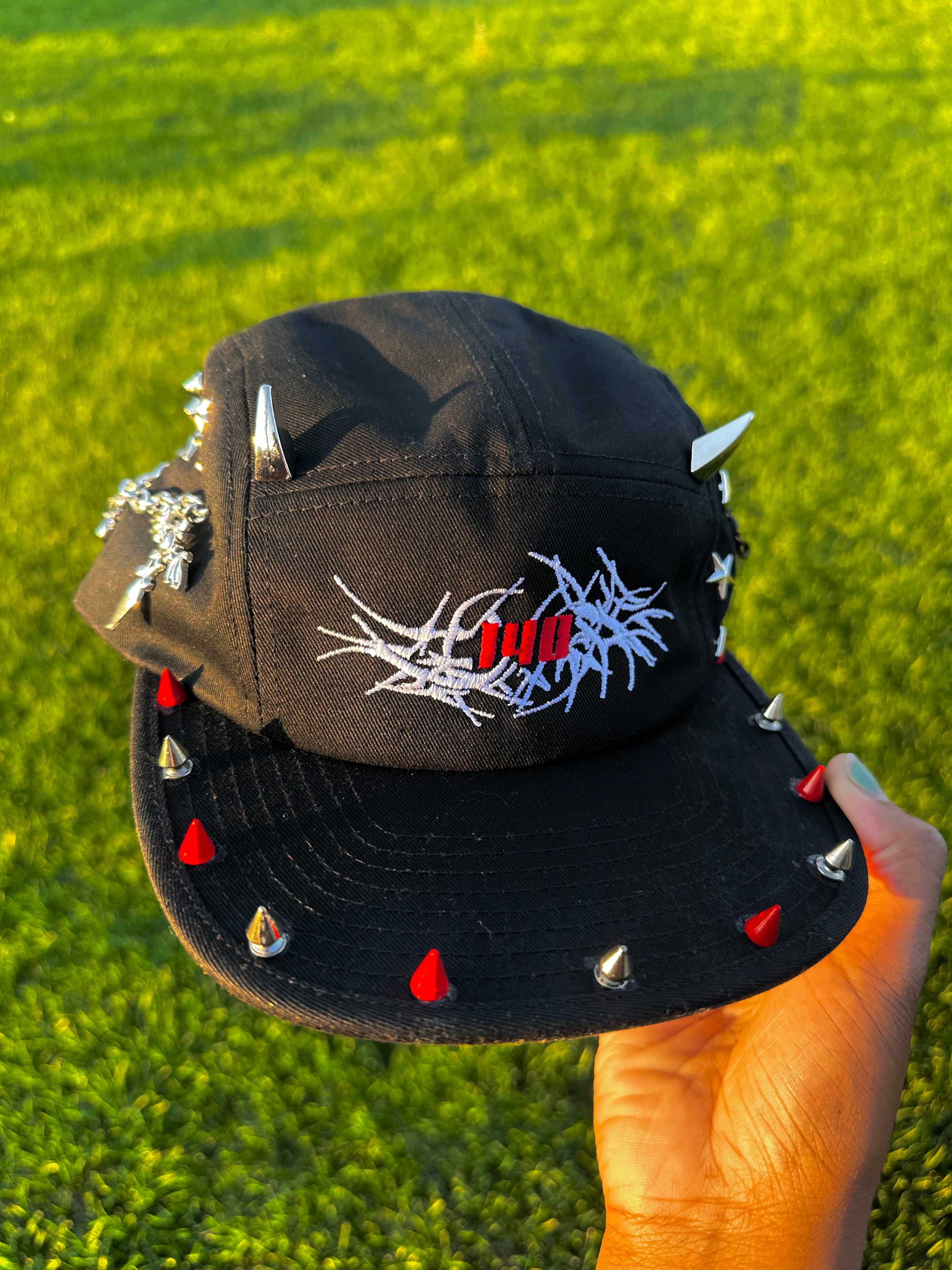 140 Red Stud 5 Panel Hat